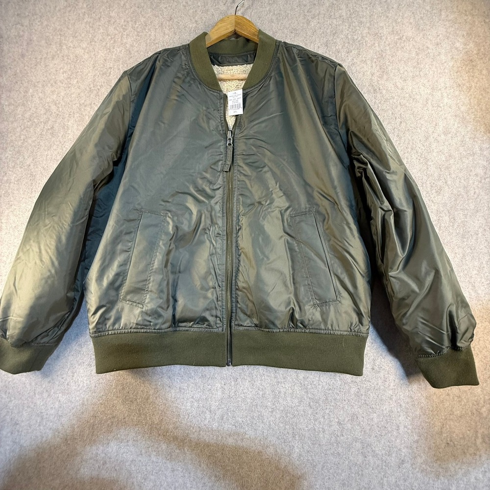American Eagle Mens Sherpa Lined Bomber Jacket Olive Green Full‎ Zip Large NEW